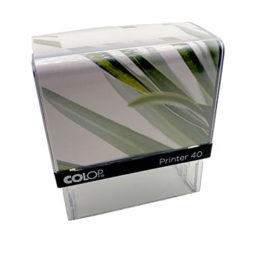 Sello Colop p40 con carcasa de detalles hojas verdes sobre fondo rosa